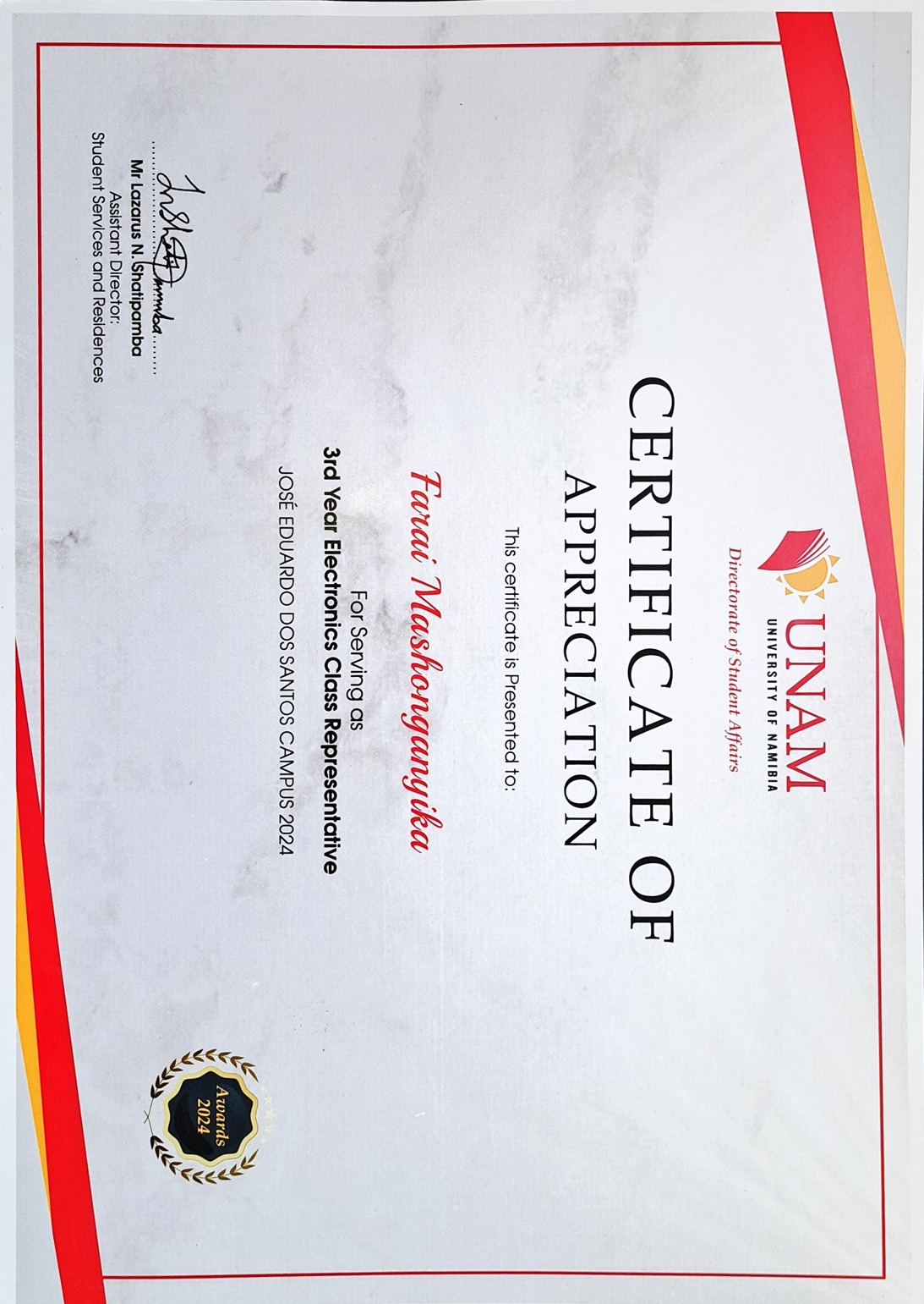 3rd Year Electronics Class Representative Certificate