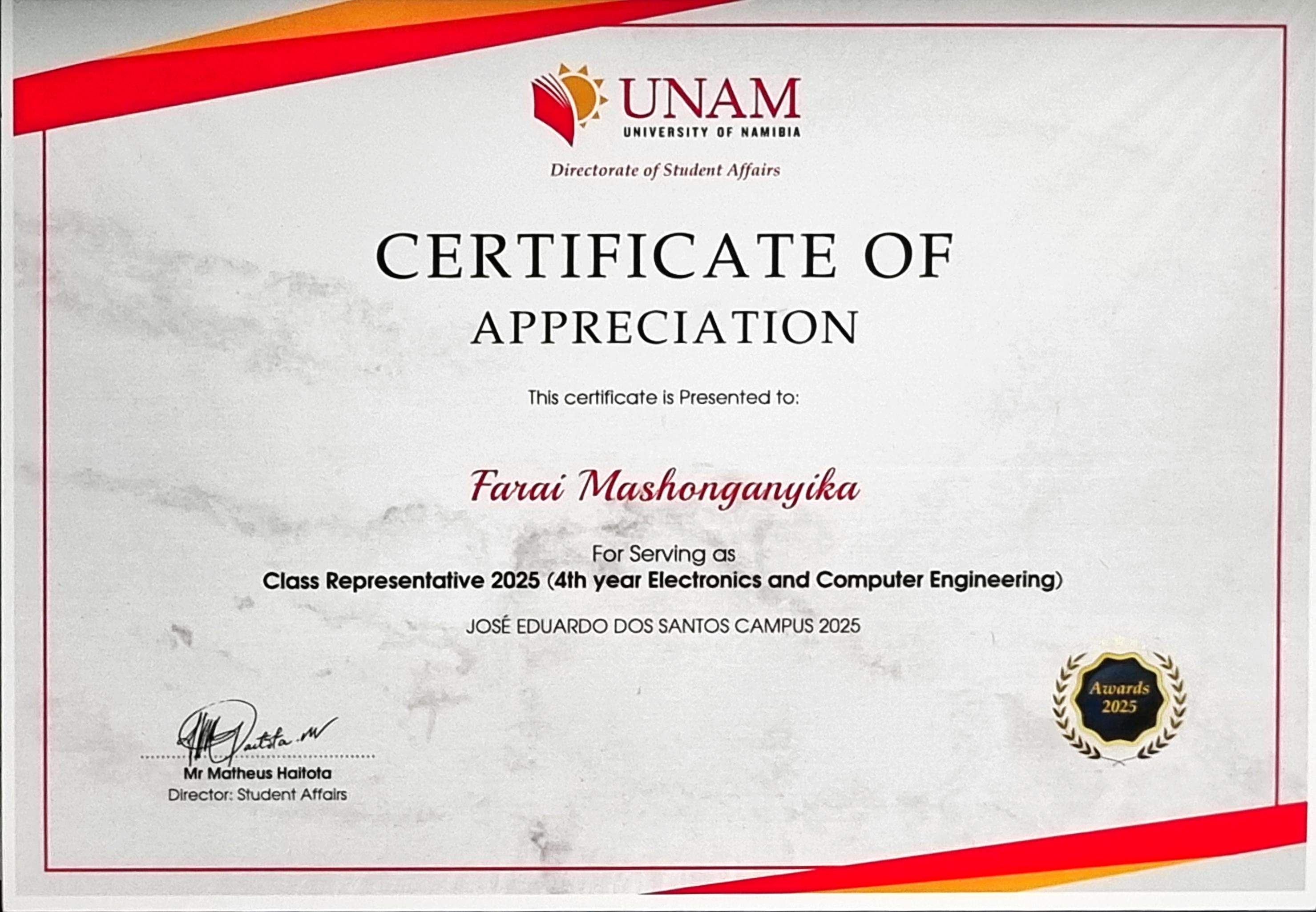 4th Year Electronics Class Representative Certificate