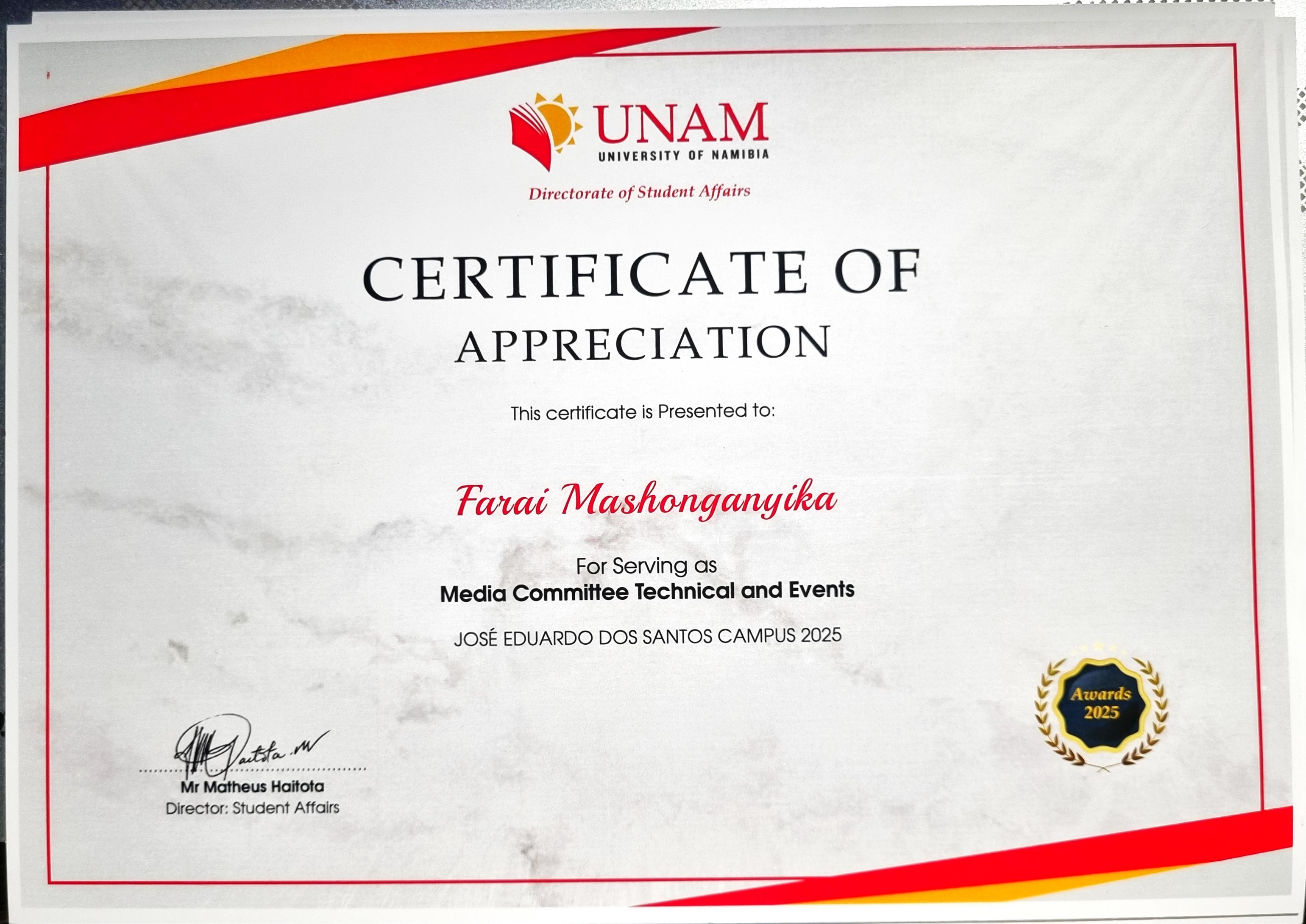 Media Committee Technical & Events Coordinator Certificate